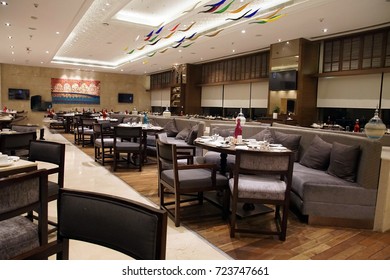 NEW DELHI, INDIA - SEP 11, 2017 - Large Hotel Dining Room, New Delhi, India