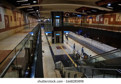 New Delhi / India - September 22, 2019: Jawaharlal Nehru Stadium (JLN Stadium) metro station of Delhi Metro system