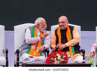 New Delhi, India-April 8 2019: Prime Minister Of India, Narendra Modi And President Of BJP, Amit Shah During Release Of BJPs Election Manifesto In New Delhi.