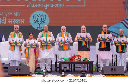 New Delhi, India-April 8 2019: Prime Minister Narendra Modi, Rajnath Singh, Amit Shah Along With Senior Party Leaders Releases BJP's Election Manifesto For The Upcoming Parliamentary Elections,