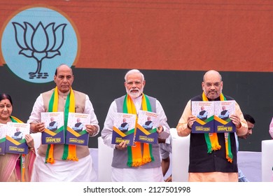 New Delhi, India-April 8 2019: Prime Minister Narendra Modi, Rajnath Singh, Amit Shah Along With Senior Party Leaders Releases BJP's Election Manifesto For The Upcoming Parliamentary Elections,