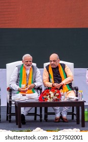 New Delhi, India-April 8 2019: Prime Minister Of India, Narendra Modi And President Of BJP, Amit Shah During Release Of BJPs Election Manifesto In New Delhi.