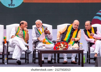 New Delhi, India-April 8 2019: Prime Minister Narendra Modi, Rajnath Singh, Amit Shah Along With Senior Party Leaders During Release Of Election Manifesto For The Upcoming Parliamentary Elections,