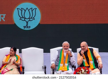 New Delhi, India-April 8 2019: Prime Minister Narendra Modi Along With Senior Party Leaders Rajnath Singh And Amit Shah Releases BJP's Election Manifesto For The Upcoming Parliamentary Elections,