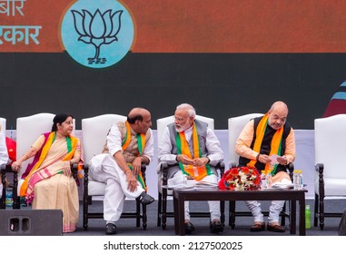 New Delhi, India-April 8 2019: Prime Minister Narendra Modi, Rajnath Singh, Amit Shah Along With Senior Party Leaders Releases BJP's Election Manifesto For The Upcoming Parliamentary Elections,