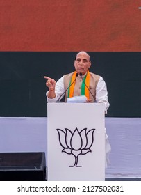 New Delhi, India-April 8 2019: BJP Leader Rajnath Singh Delivering Speech On Release Of BJP's Election Manifesto For The Upcoming Parliamentary Elections,