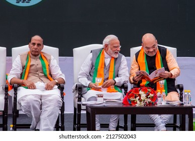 New Delhi, India-April 8 2019: Prime Minister Narendra Modi, Rajnath Singh, Amit Shah During Release Of BJP's Election Manifesto For The Upcoming Parliamentary Elections,