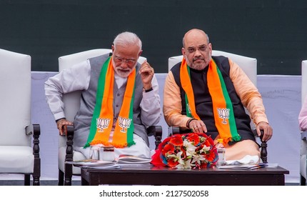 New Delhi, India-April 8 2019: Prime Minister Of India, Narendra Modi And President Of BJP, Amit Shah During Release Of BJPs Election Manifesto In New Delhi.