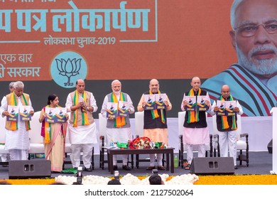 New Delhi, India-April 8 2019: Prime Minister Narendra Modi, Rajnath Singh, Amit Shah Along With Senior Party Leaders Releases BJP's Election Manifesto For The Upcoming Parliamentary Elections,