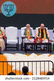 New Delhi, India-April 8 2019: Prime Minister Of India, Narendra Modi And President Of BJP, Amit Shah During Release Of BJPs Election Manifesto In New Delhi.