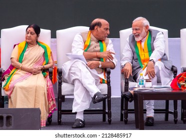 New Delhi, India-April 8 2019:   Prime Minister Narendra Modi Along With Senior Party Leaders Rajnath Singh And Amit Shah Releases BJP's Election Manifesto For The Upcoming Parliamentary Elections,