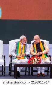 New Delhi, India-April 8 2019: Prime Minister Of India, Narendra Modi And BJP President Amit Shah Talking In Happy Mood During Release Of BJPs Election Manifesto In New Delhi.