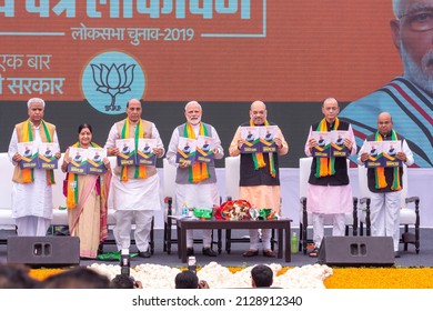 New Delhi, India-April 8 2019: Prime Minister Narendra Modi, Rajnath Singh, Amit Shah Along With Senior Party Leaders Releases BJP's Election Manifesto For The Upcoming Parliamentary Elections,