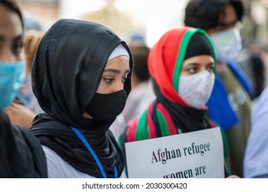 New Delhi, India-Aug 24 2021: A Sad Afghan Girls Protesting Outside UNHCR (United Nations High Commissioner For Refugees), Demanding To Be Given Refugee Status In Other Country.