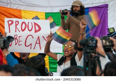 New Delhi, India-Dec 11 2013: LGBT Activists And Supporters Protest After Supreme Court Upholds Section 377 Of IPC, Rules Gay Sex Is Illegal At Jantar Mantar