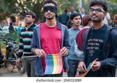 New Delhi, India-Dec 11 2013: LGBT Activists And Supporters Protest After Supreme Court Upholds Section 377 Of IPC, Rules Gay Sex Is Illegal At Jantar Mantar