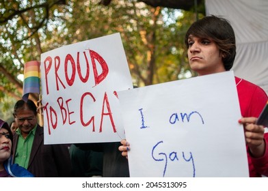 New Delhi, India-Dec 11 2013: LGBT Activists And Supporters Protest After Supreme Court Upholds Section 377 Of IPC, Rules Gay Sex Is Illegal At Jantar Mantar