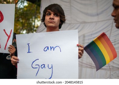 New Delhi, India-Dec 11 2013: LGBT Activists And Supporters Protest After Supreme Court Upholds Section 377 Of IPC, Rules Gay Sex Is Illegal At Jantar Mantar