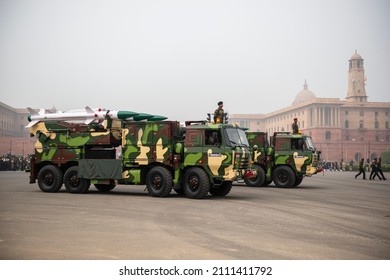 New Delhi, India-Jan 18 2022:  Akash Air Defence Missile System A Indian Army Armed Vehicle Contingent During The Republic Day Parade Rehearsal At Rajpath, New Delhi.