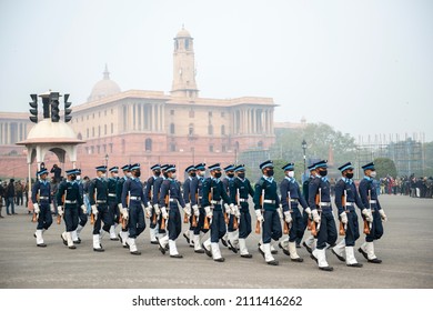 New Delhi, India-Jan 18 2022:  Indian Airfoce soldiers contingent during  the Republic day rehearsal Parade at Rajpath, New delhi.