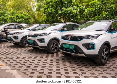 New Delhi, India-July 1 2022: Tata Tata Nexon Ev Or Electric Car Parked, TATA Biggest Automobile Manufacturing Company In India, Government Department Using As Electric Car As A Officer Transportation