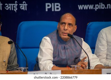 New Delhi, India-June 22 2017: Minister Of Home Affairs Rajnath Singh Speaks During A Press Conference In Delhi