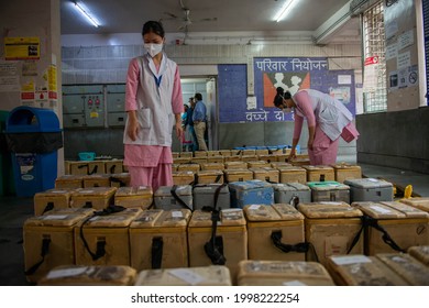 New Delhi, India-June 27 2021:polio Vaccine Carrier Box Ready For Distribution From Local Polio Vaccine Distribution Centre At Kasturba Hospital In Old Delhi, 