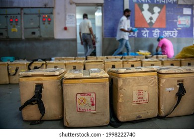 New Delhi, India-June 27 2021:polio Vaccine Carrier Box Ready For Distribution From Local Polio Vaccine Distribution Centre At Kasturba Hospital In Old Delhi, 