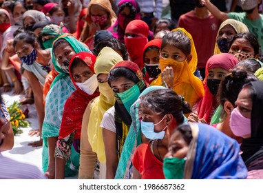 New Delhi, India-June 5 2021: Indian sex workers gathered at An Free Ration food kit distribution event, they are job less during lockdown.