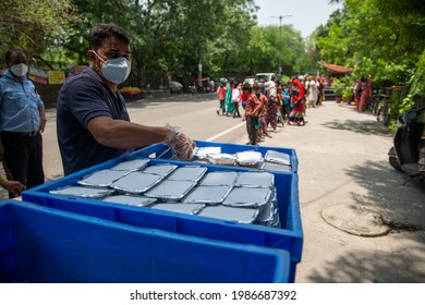 New Delhi, India-June 5 2021: Food Packet Kept For Distribution To Poors People New Delhi Area.