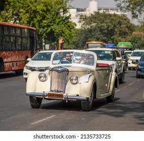 New Delhi, India-March 6 2022: Antique Vintage Riley Car 1948 Made On Road Of Connaught Place During Traffic.