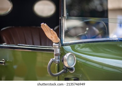 New Delhi, India-March 6 2022: Antique Vintage Car Use Hand For Indicator.