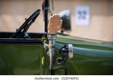 New Delhi, India-March 6 2022: Antique Vintage Car Use Hand For Indicator.