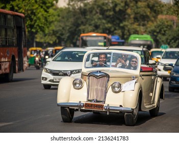 New Delhi, India-March 6 2022: Antique Vintage Riley Car 1948 Made On Road Of Connaught Place During Traffic.