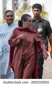 New Delhi, India-March 7 2012: President Of The Indian National Congress Party Sonia Gandhi Going Home After Party Meeting At Congress Office In New Delhi