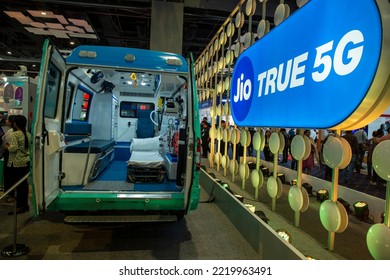 New Delhi, India-Oct 4 2022:  5G Ambulance By Medulance Allows Real-time Transmission Of Patient's Vitals And Other Health Data From The Vehicle Directly To The Hospital Reliance Jio Infocomm Ltd. 