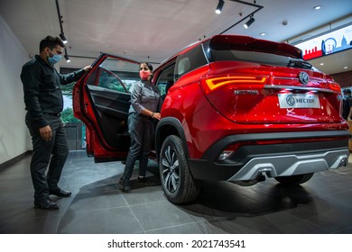 New Delhi, India-September 22 2020:  Red Hector Car In MG Motor Showroom In New Delhi.