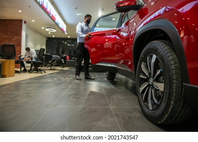 New Delhi, India-September 22 2020:  Red Hector Car In MG Motor Showroom In New Delhi.