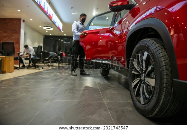 New Delhi, India-September 22\
2020:  Red Hector car in MG Motor showroom in New\
Delhi.