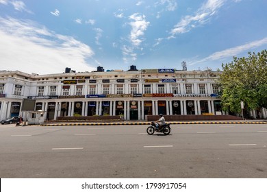 New Delhi, July 05, 2020: A Man On A Bike On The Road At The Central Business District Of Connaught Place In New Delhi