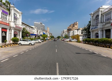 New Delhi, July 05, 2020: View Of Road And Shops At The Central Business District Of Connaught Place In New Delhi