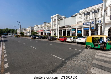 New Delhi, July 05, 2020: View Of Road And Shops At The Central Business District Of Connaught Place In New Delhi