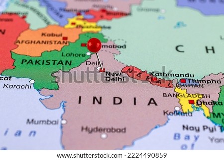 New Delhi map. New Delhi pin map. Close up of New Delhi map with red pin. Map with red pin point of New Delhi in India.