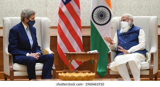  New Delhi On April 07, 2021.The U.S. Special Presidential Envoy For Climate, Mr. John Kerry Meeting The Prime Minister, Shri Narendra Modi,