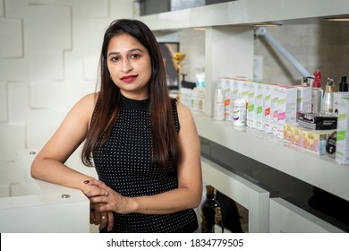 New Delhi, September 30, 2020: Portrait Of An Attractive Indian Young Female, Owner Lady Standing At A Salon.