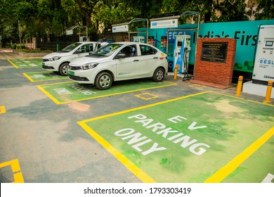 New Delhi/India - Aug 8 2020 : Drivers Charging Their Electric Car , This Charging Stations Around Government Offices Have Been Used By Government Fleet Vehicles, 