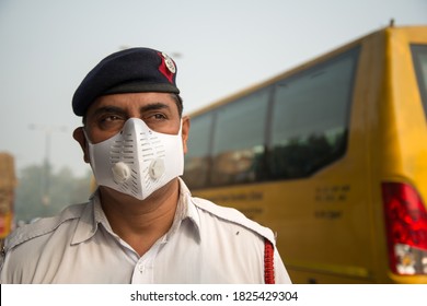 New Delhi/India- Dec 8 , 2019 Delhi Traffic Police With Pollution Mask  Checking Vehicles 