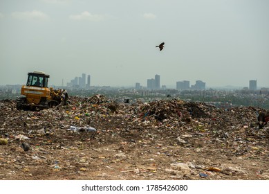 New Delhi/India  , July 28 2020 :  Ghazipur Landfill Site Where City's Daily Waste Are Dumped For Last 35 Years .Garbage Pile In Trash Dump 