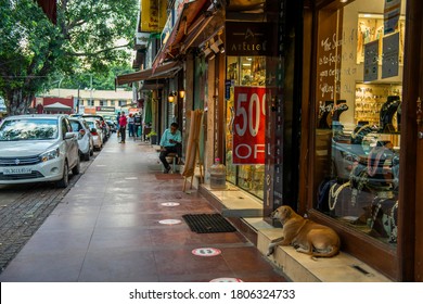 New Delhi/India-Aug 31 2020:empty Market Due To Covid-19  Khan Market  One Of The Most Famous Shopping Center In India . Indian Economy Decrease By A Record 23.9 Per Cent Of This Quarter