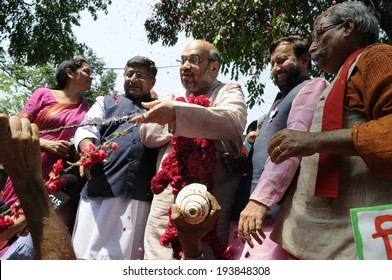 NEW DELHI-MAY 16:  Amit Shah,Ravi Shankar Prasad,Prakash Javadekar And Nirmala Sitaraman On The Podium After BJP Won The Indian National Election On May 16, 2014 In New Delhi , India. 